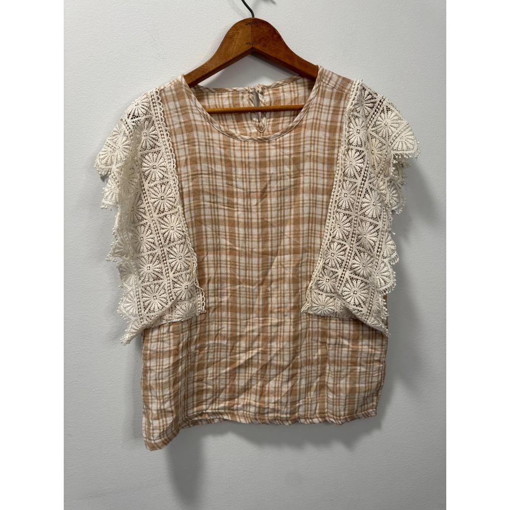 The Most Tan White Cottagecore Plaid Crochet Lace Short Sleeve Top Boho Korea